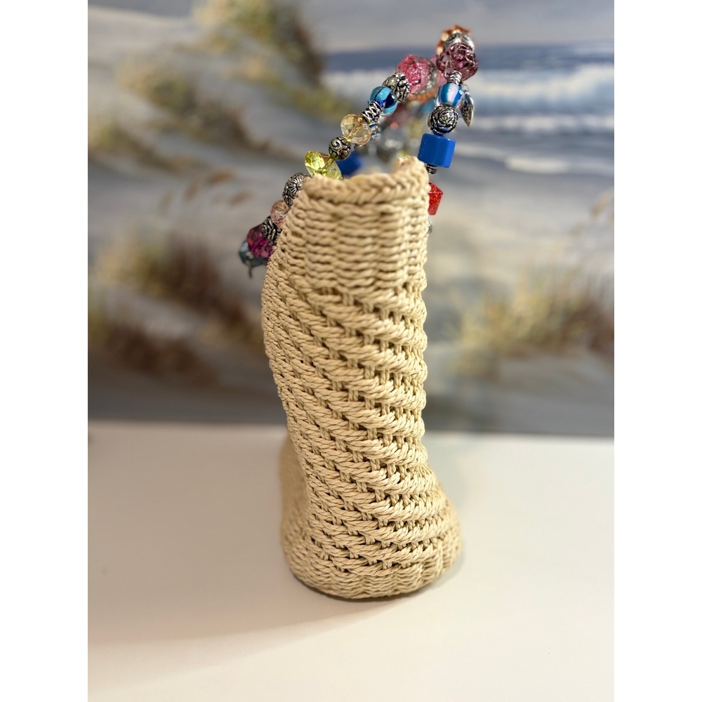 Cappelli Straworld Woven Straw Tote Beach Bag Beaded Handle Charms Tan Summer - Picture 3 of 10